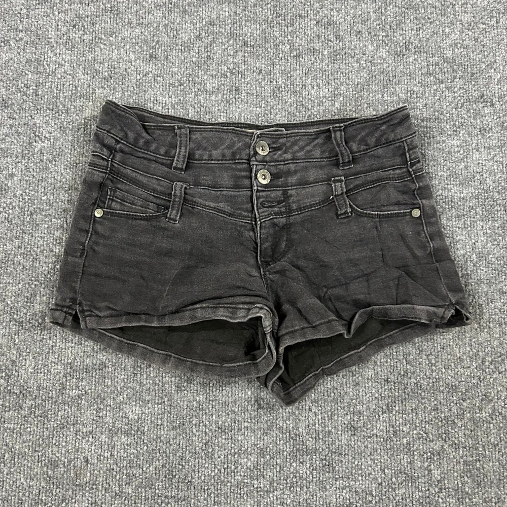 Blue Spice Shorts Womens Size 3 Black High Waisted Denim Stretch Triple Button